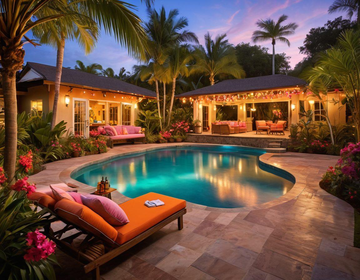 A lush tropical backyard featuring a sparkling pool surrounded by palm trees, vibrant flowers, and cozy lounge chairs. Include a bamboo tiki bar with colorful cocktails, soft fairy lights strung overhead, and a sunset sky to enhance the relaxing ambiance. Capture the essence of leisure and entertainment in a vibrant and inviting atmosphere. hyper-realistic. vibrant colors. sunset background.