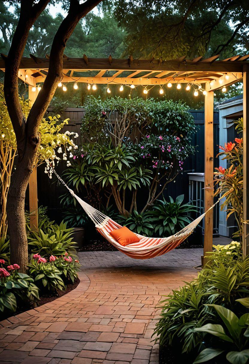 A serene backyard oasis featuring a cozy hammock strung between two trees, lush greenery surrounding a beautifully designed patio with stylish outdoor furniture, twinkling fairy lights above, and a tranquil water feature gently bubbling in the background. Bright flowers bloom in colorful pots, while a soft sunset casts a warm glow over the scene. hyper-realistic. vibrant colors. peaceful ambiance.