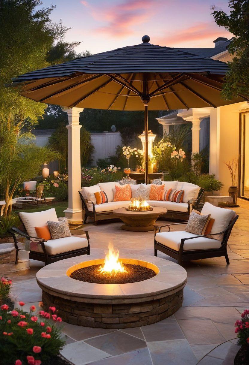 A beautifully designed patio featuring luxurious outdoor furniture, surrounded by lush greenery, vibrant flowers, and soft ambient lighting. Include a sparkling pool in the background, with a cozy fire pit and stylish umbrellas for relaxation. Capture a sunset glow to enhance the tranquil resort-like atmosphere. super-realistic. vibrant colors.